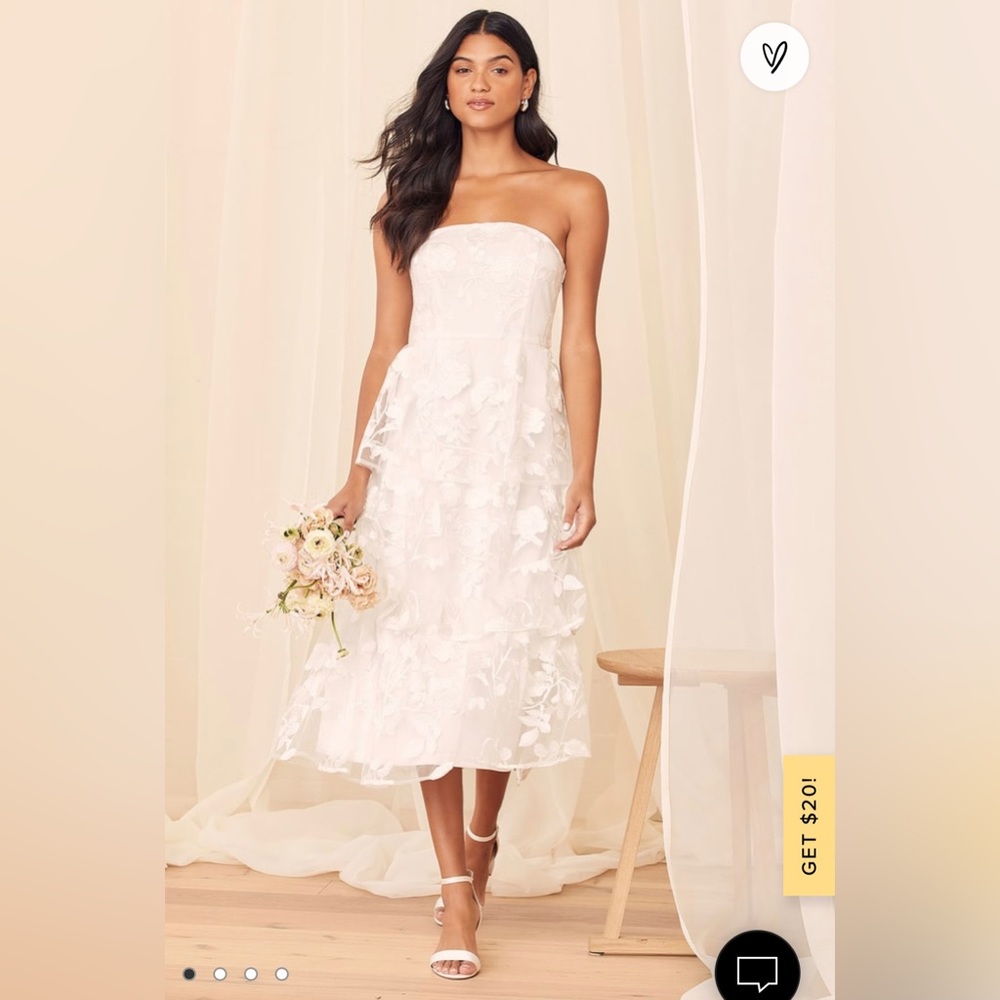 BRIDES: Loving With You White Embroidered Tiered Strapless Midi Dress, XS